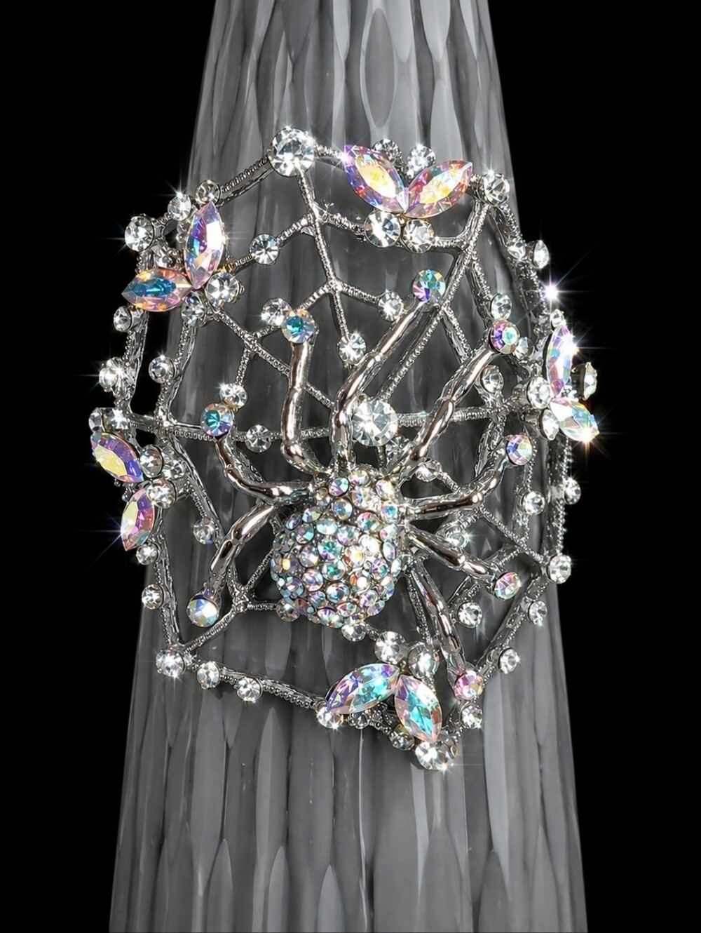 Aurora Borealis Rhinestone Silver Rhodium Plate Halloween Spider Web Bracelet